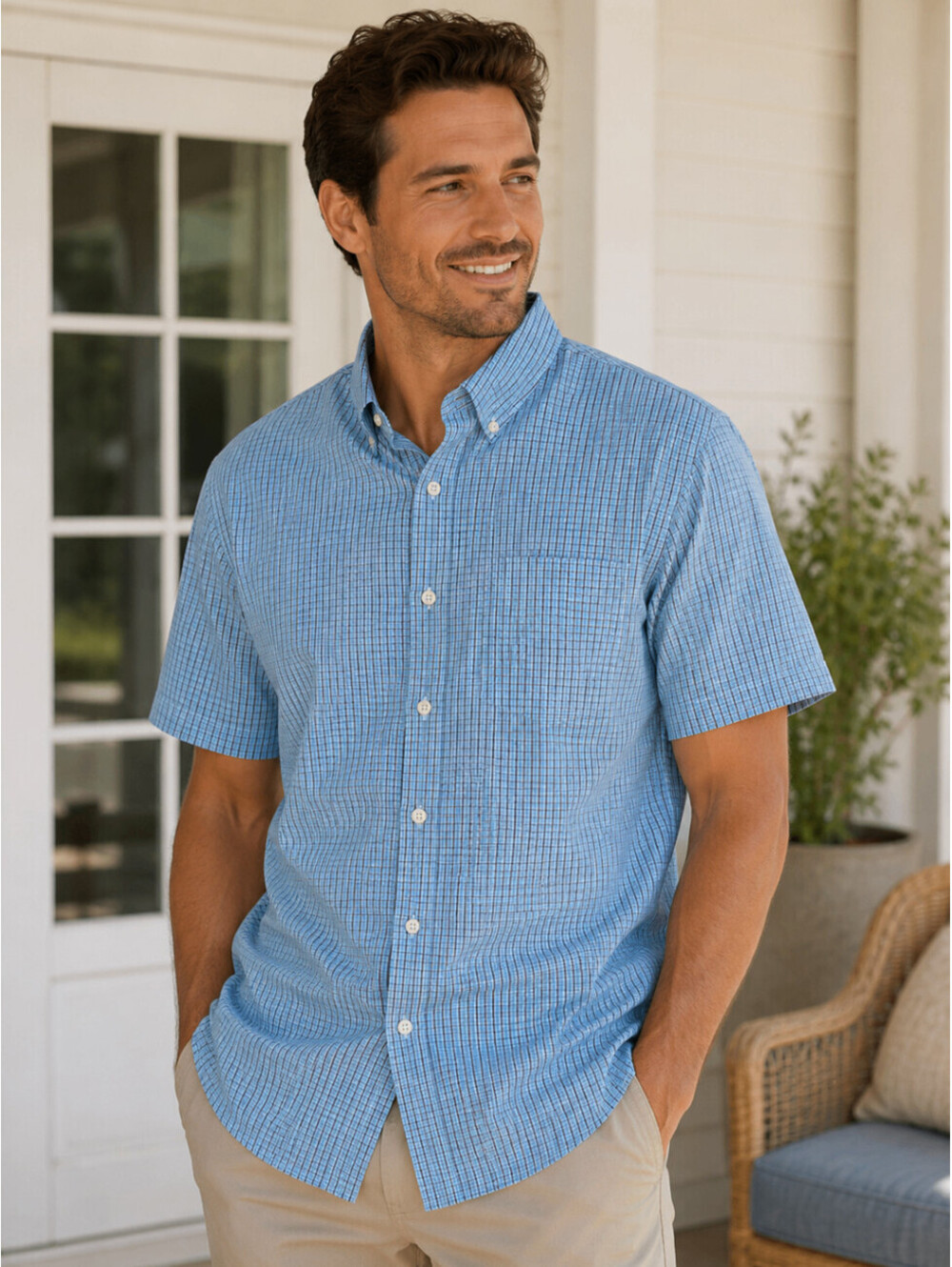 Arrow Mens M Medium Blue Plaid Short Sleeve Button-Down Casual Shirt